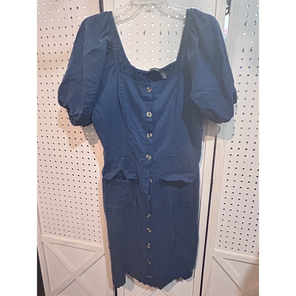 AnyBody Navy Blue Square Neck Puff‎ Sleeve Button Front Midi Dress Size Medium